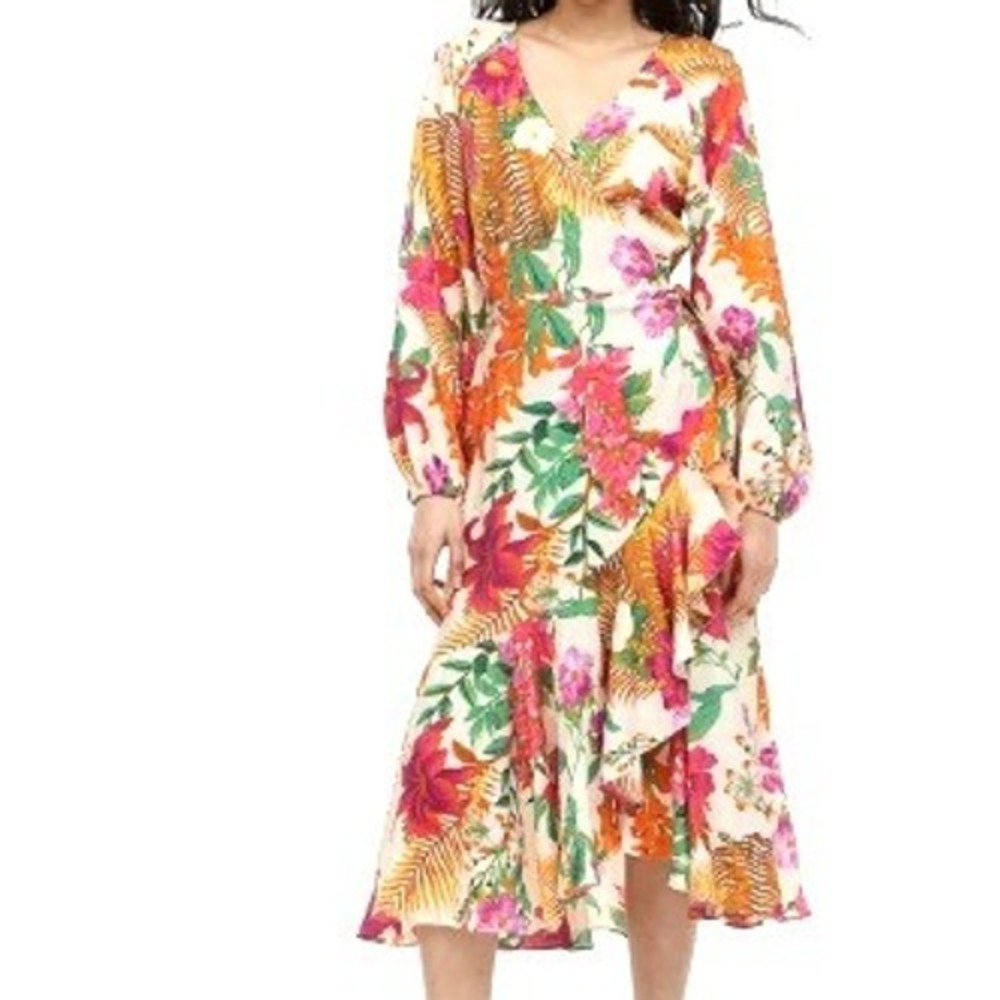 H&M NWT Womens Medium Pink Orange Tropical Floral Ruffle Wrap Midi Dress LivaEco